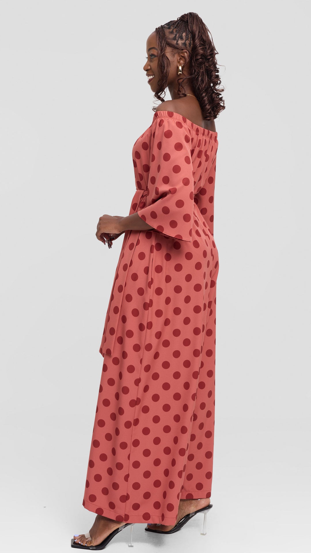 Vivo Off Shoulder Jumpsuit in Crepe - Peach / Burgundy Polka