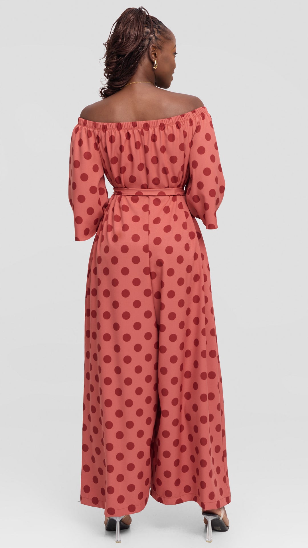 Vivo Off Shoulder Jumpsuit in Crepe - Peach / Burgundy Polka