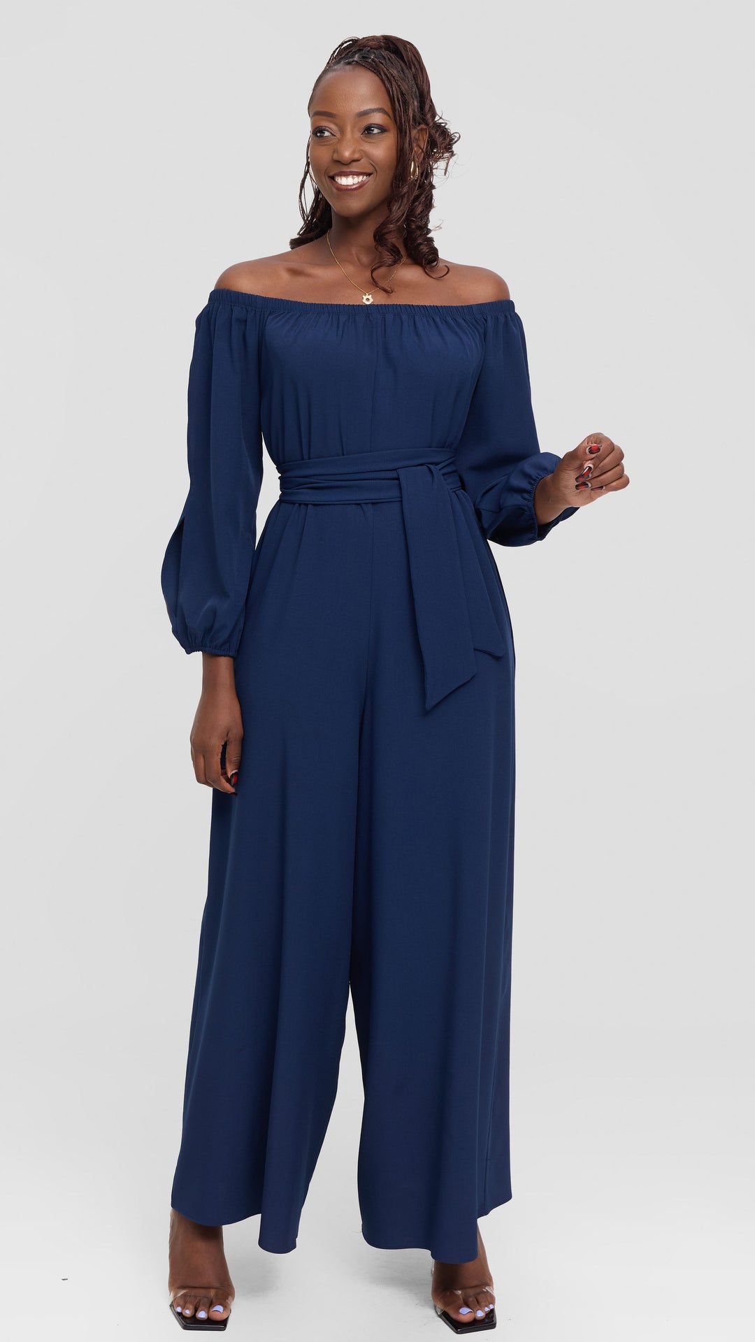 Vivo Yumi Off Shoulder Jumpsuit In Crepe - Navy