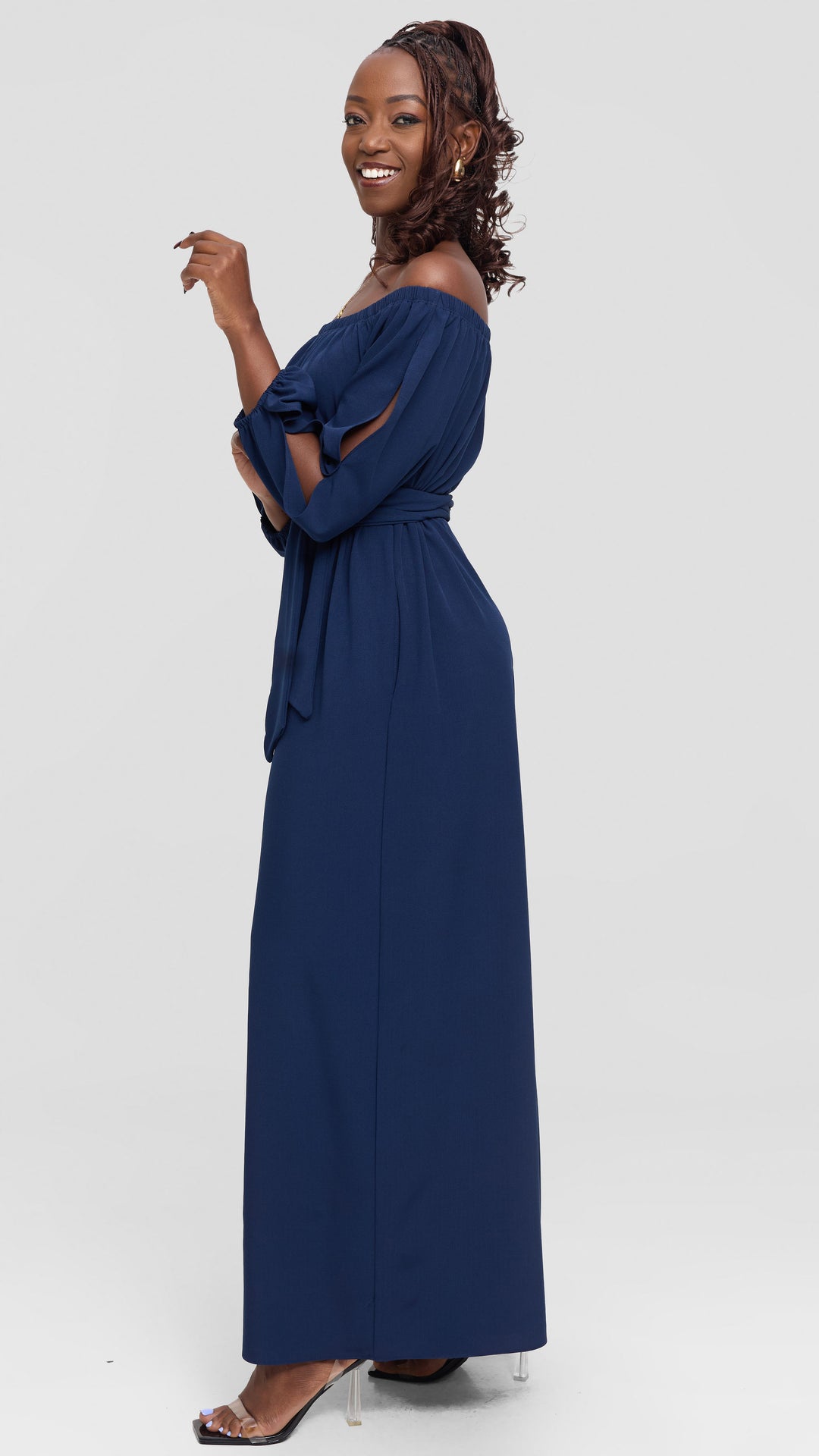 Vivo Yumi Off Shoulder Jumpsuit In Crepe - Navy