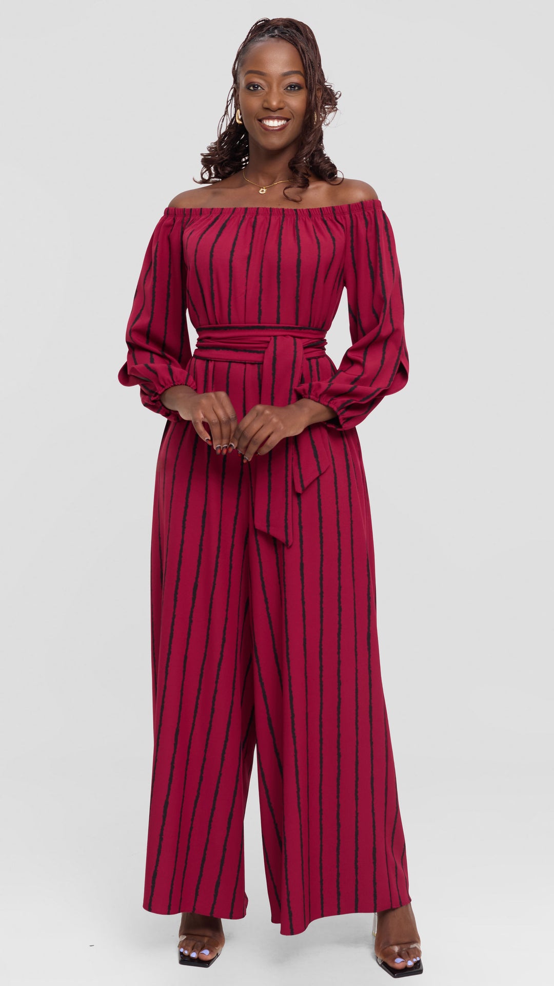 Vivo Yumi Off Shoulder Jumpsuit In Crepe - Maroon / Black Print