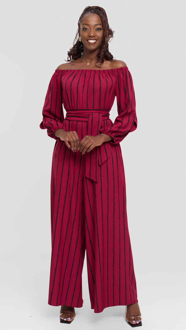Vivo Yumi Off Shoulder Jumpsuit In Crepe - Maroon / Black Print