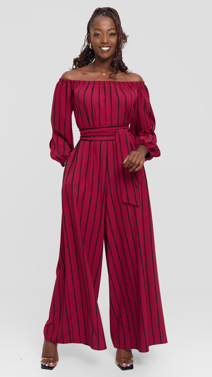 Vivo Yumi Off Shoulder Jumpsuit In Crepe - Maroon / Black Print