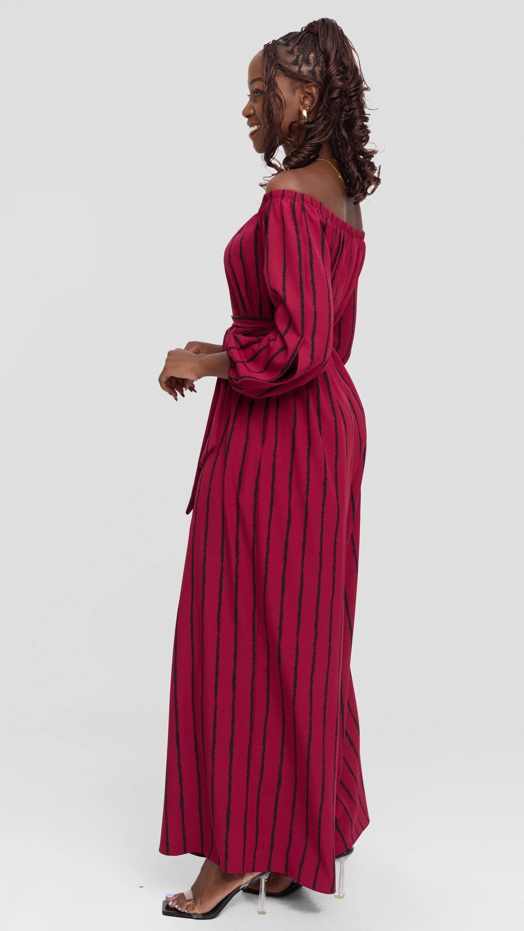Vivo Yumi Off Shoulder Jumpsuit In Crepe - Maroon / Black Print
