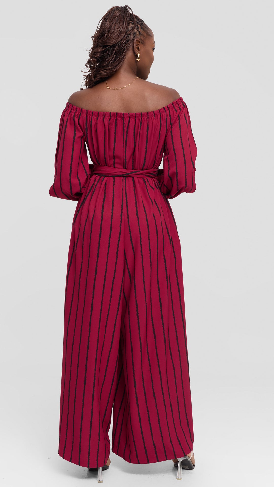 Vivo Yumi Off Shoulder Jumpsuit In Crepe - Maroon / Black Print