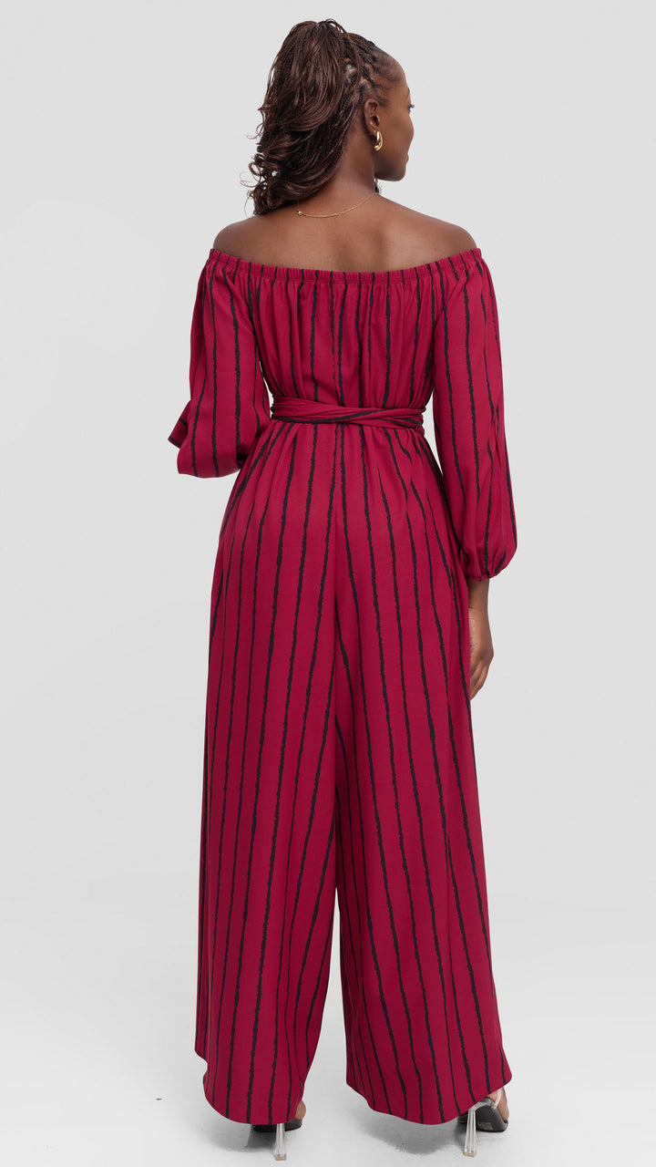 Vivo Yumi Off Shoulder Jumpsuit In Crepe - Maroon / Black Print