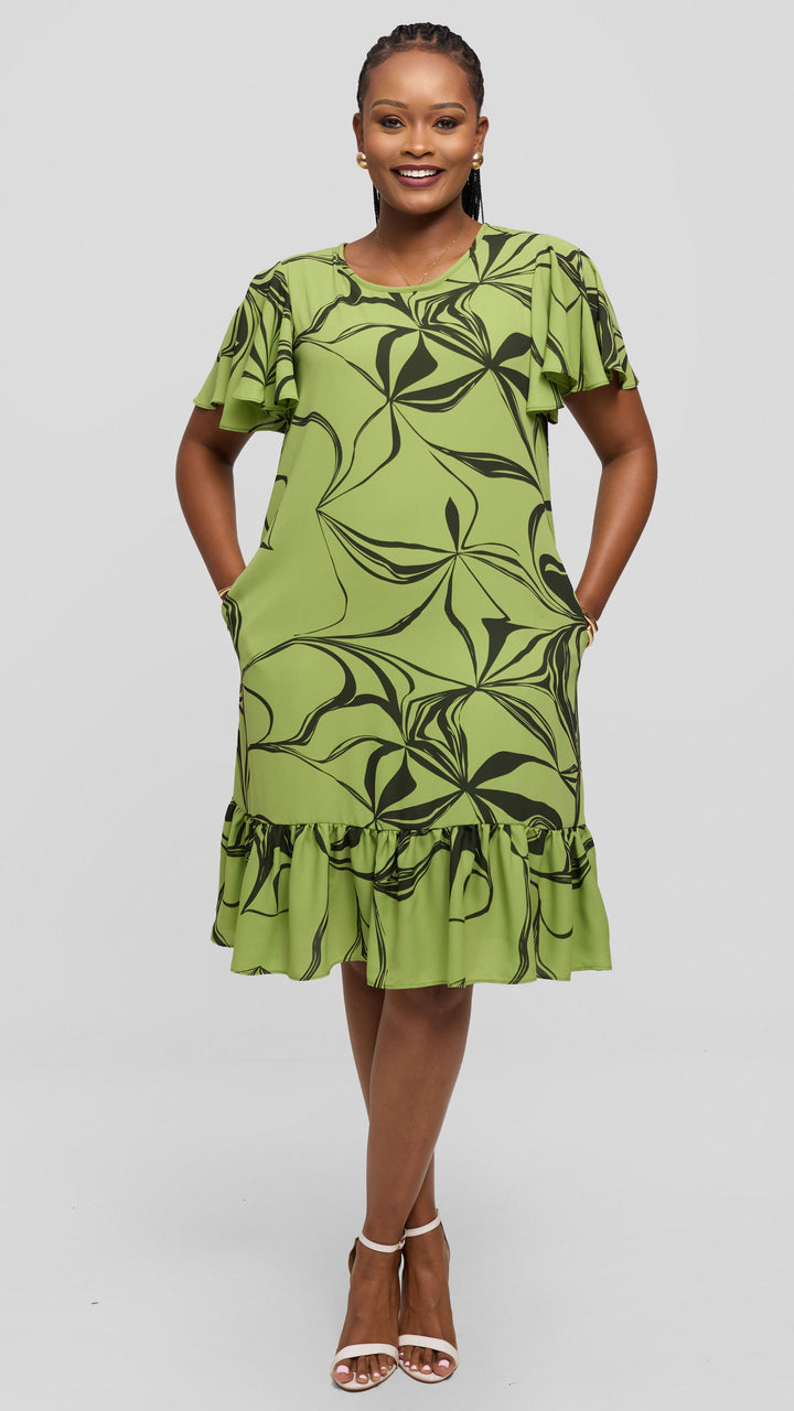 Vivo Dalia Flounce Sleeve Knee Length Dress in Chiffon - Light Green / Hunters Arah Print