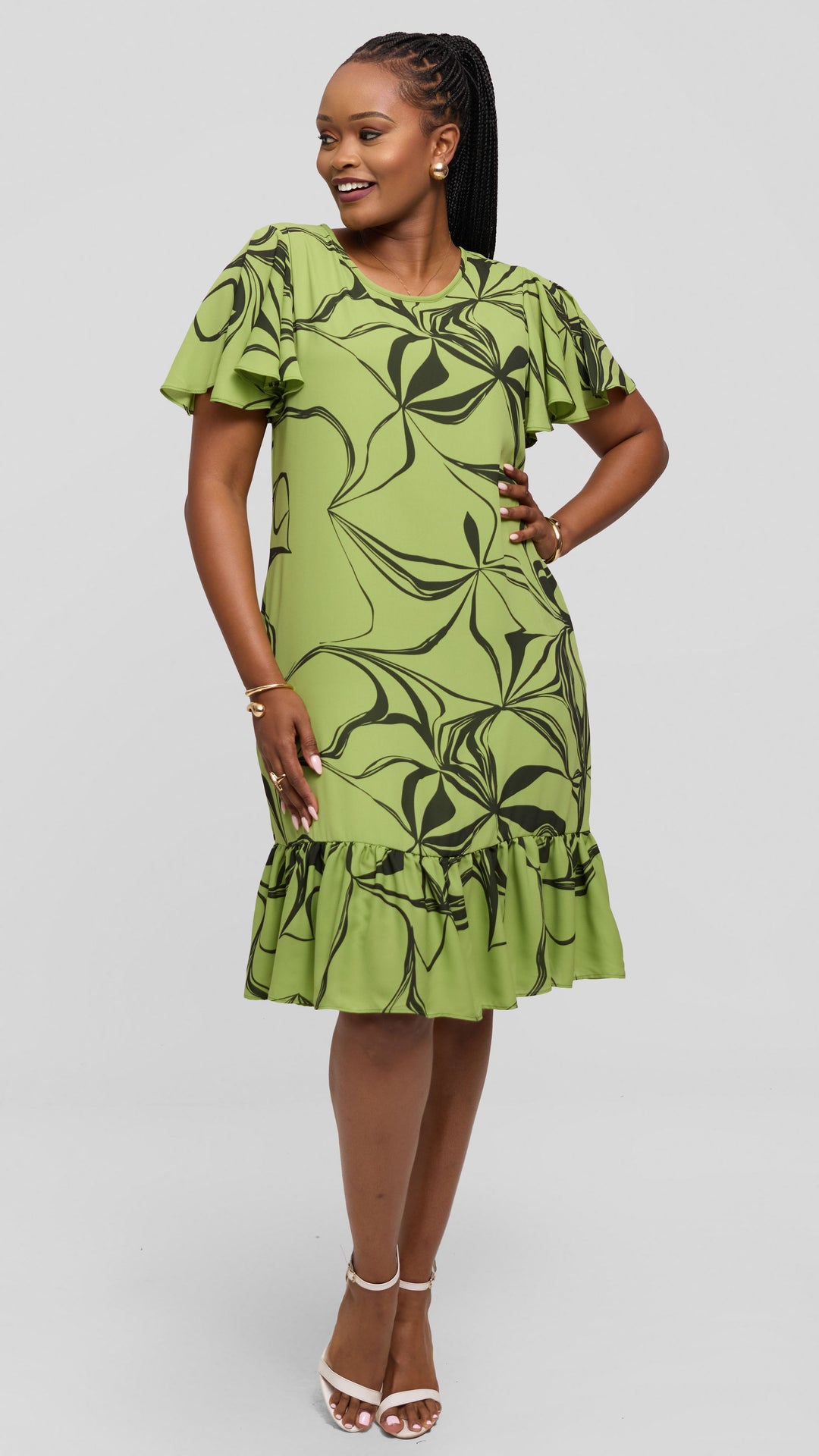 Vivo Dalia Flounce Sleeve Knee Length Dress in Chiffon - Light Green / Hunters Arah Print