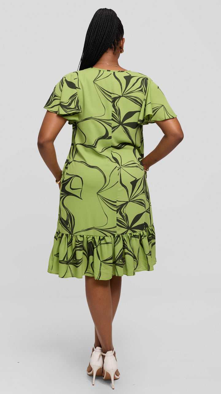 Vivo Dalia Flounce Sleeve Knee Length Dress in Chiffon - Light Green / Hunters Arah Print