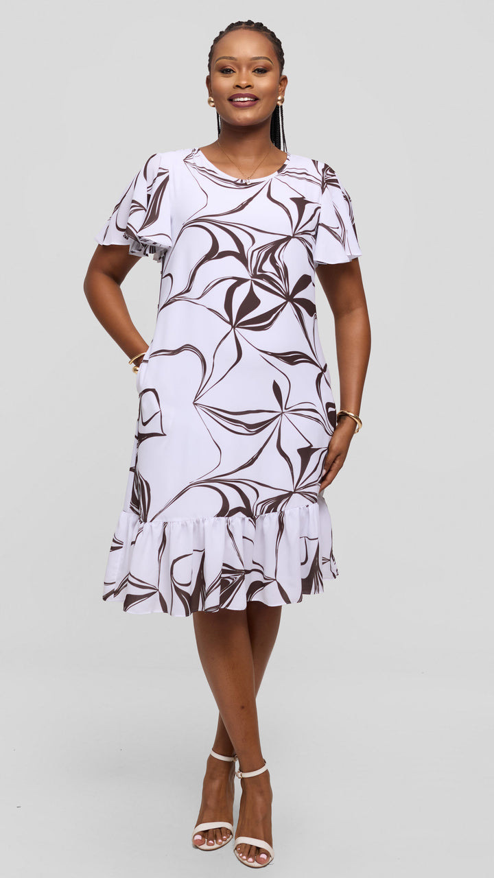 Vivo Dalia Flounce Sleeve Knee Length Dress in Chiffon - White / Chocolate Arah Print