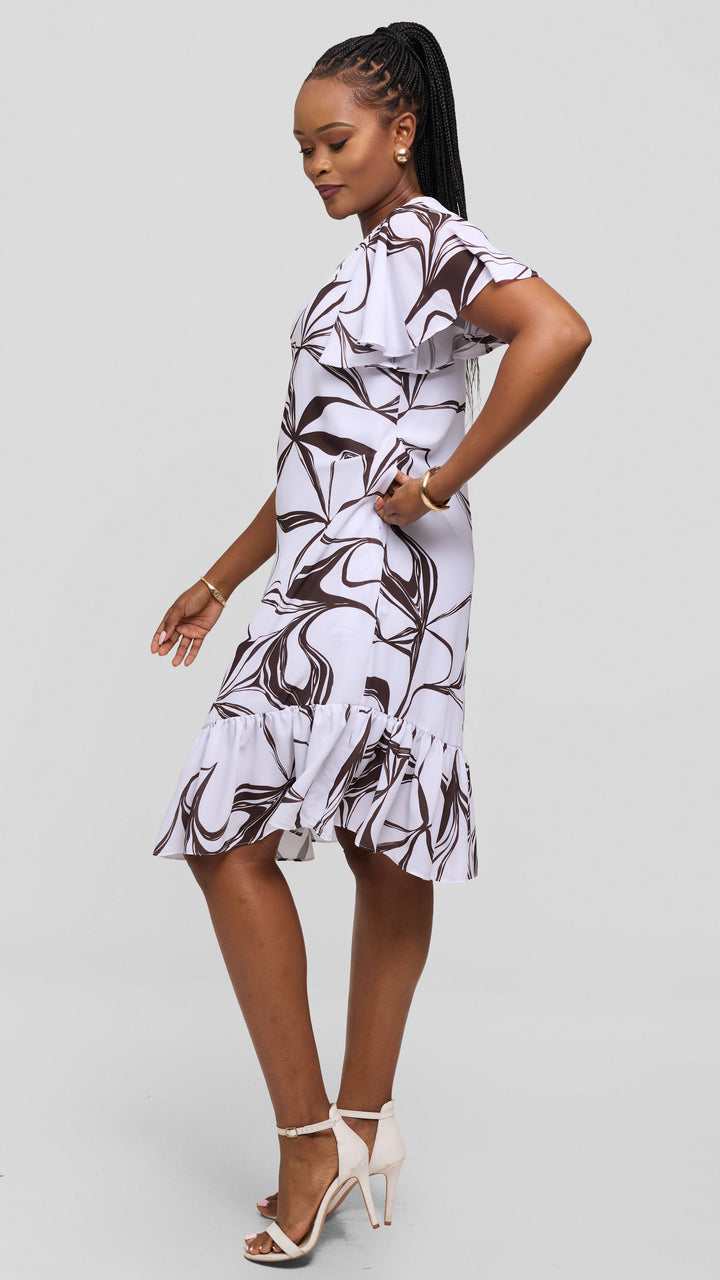 Vivo Dalia Flounce Sleeve Knee Length Dress in Chiffon - White / Chocolate Arah Print