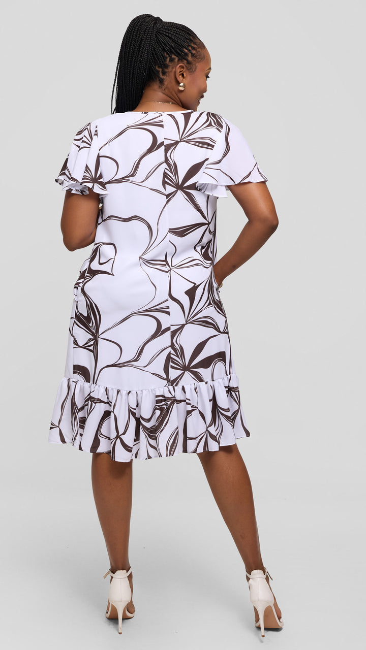 Vivo Dalia Flounce Sleeve Knee Length Dress in Chiffon - White / Chocolate Arah Print