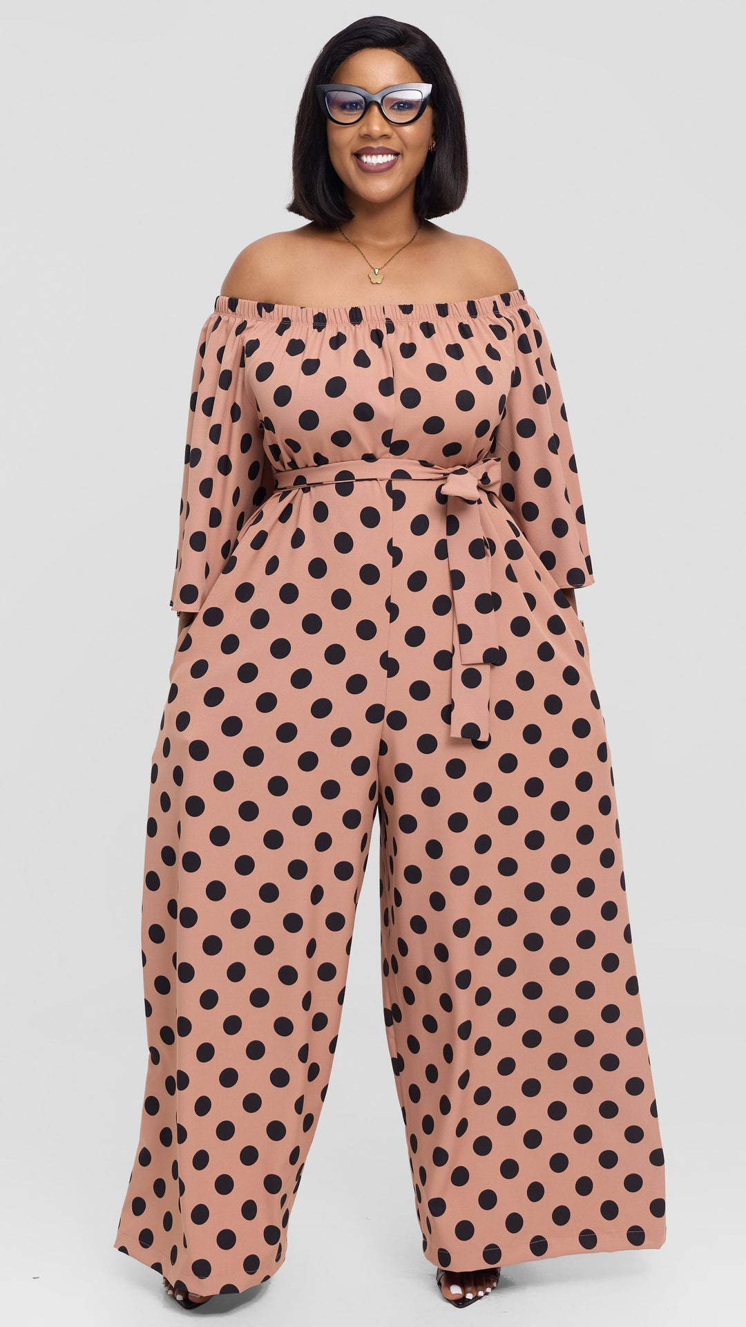 Vivo Off Shoulder Jumpsuit in Crepe - Taupe / Black Polka