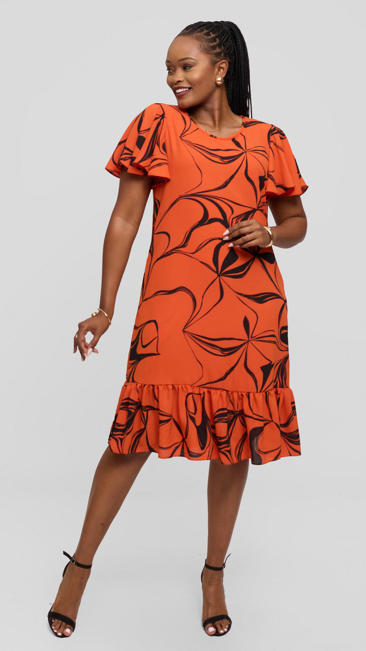 Vivo Dalia Flounce Sleeve Knee Length Dress in Chiffon - Light Orange / Black Arah Print