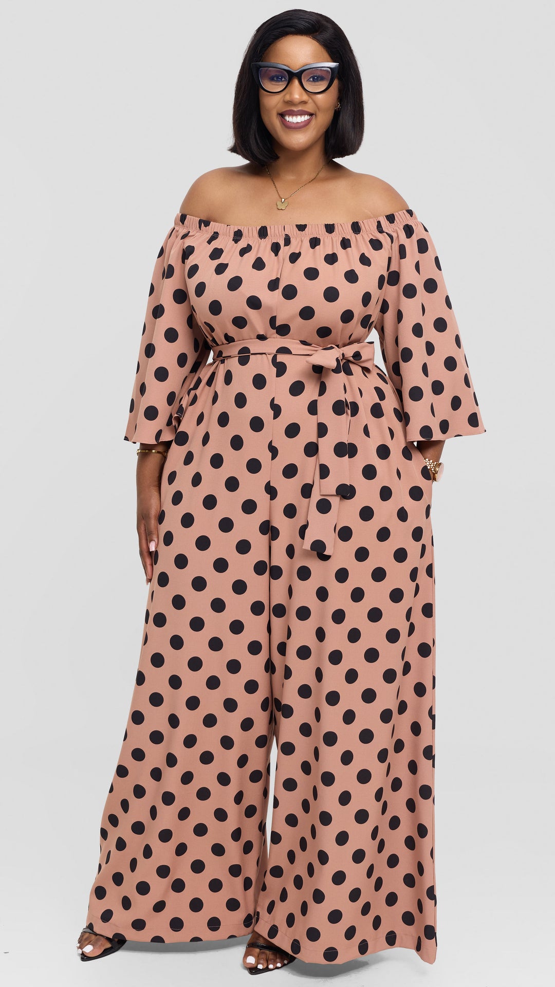Vivo Off Shoulder Jumpsuit in Crepe - Taupe / Black Polka