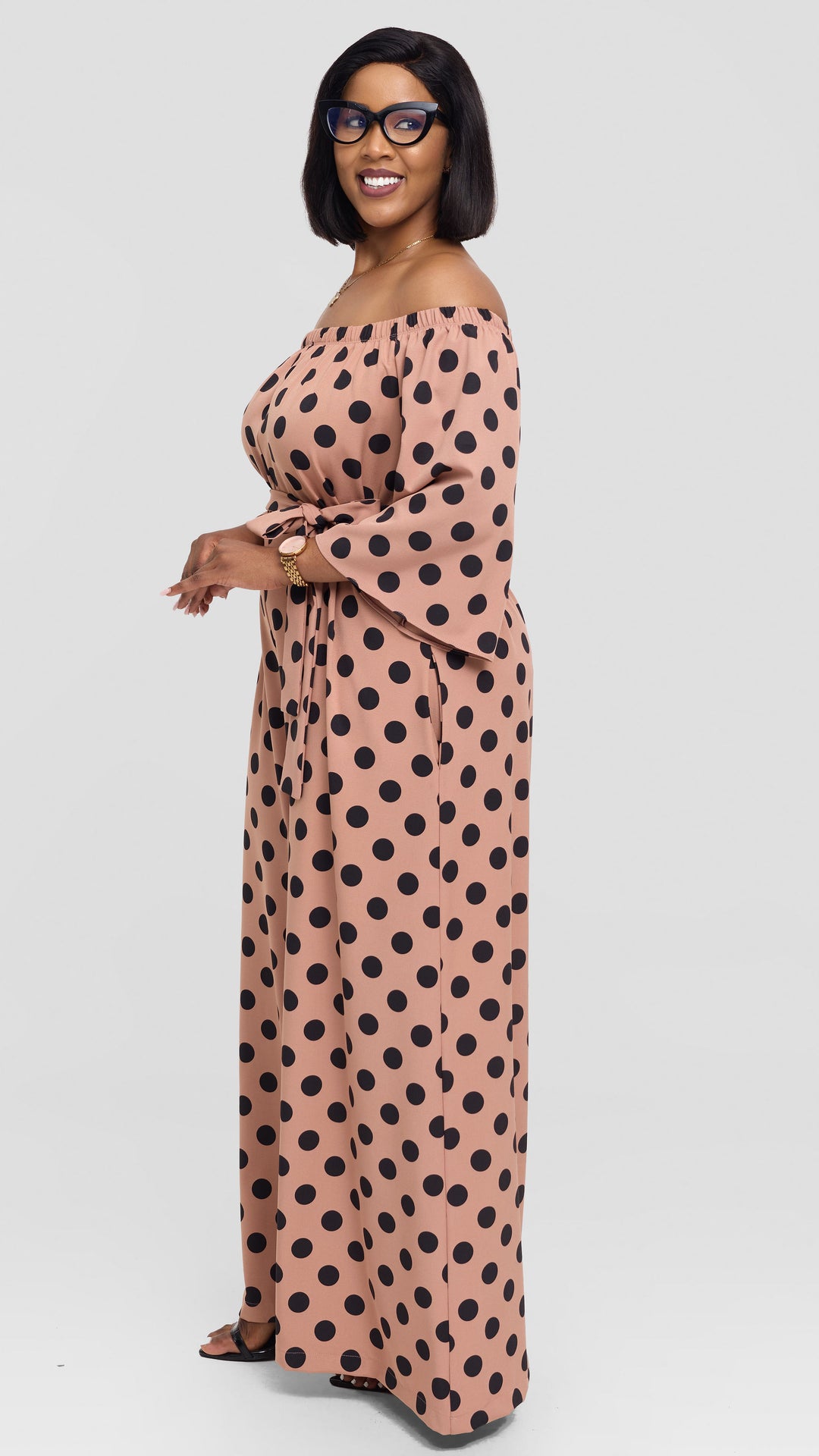 Vivo Off Shoulder Jumpsuit in Crepe - Taupe / Black Polka