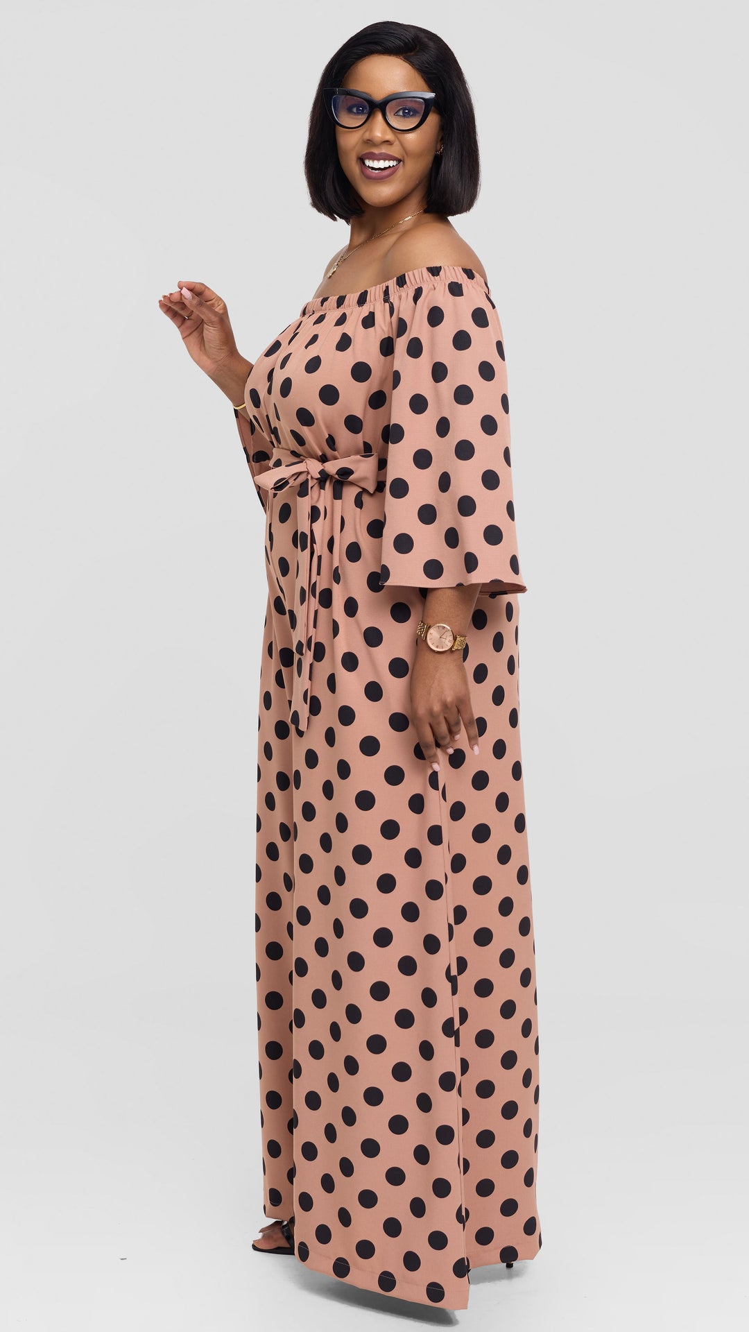 Vivo Off Shoulder Jumpsuit in Crepe - Taupe / Black Polka