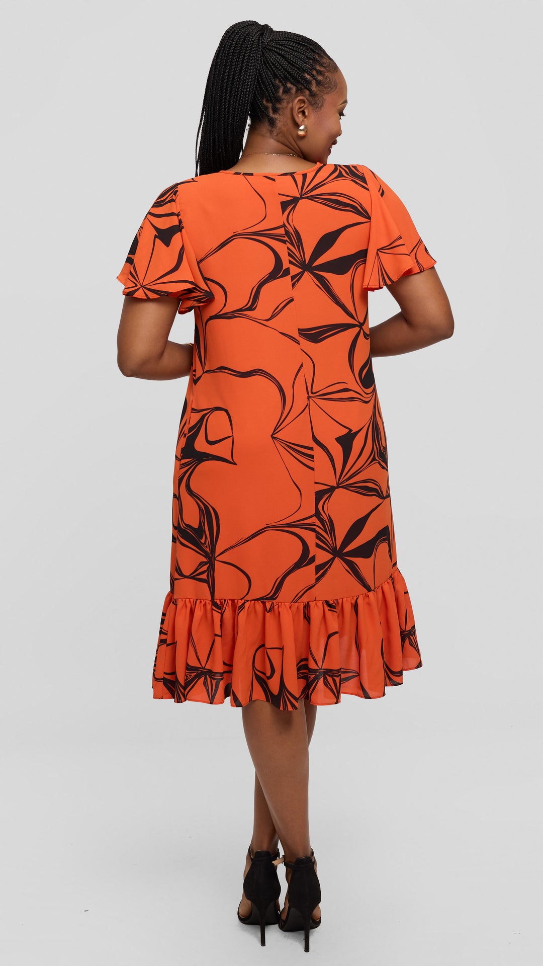 Vivo Dalia Flounce Sleeve Knee Length Dress in Chiffon - Light Orange / Black Arah Print