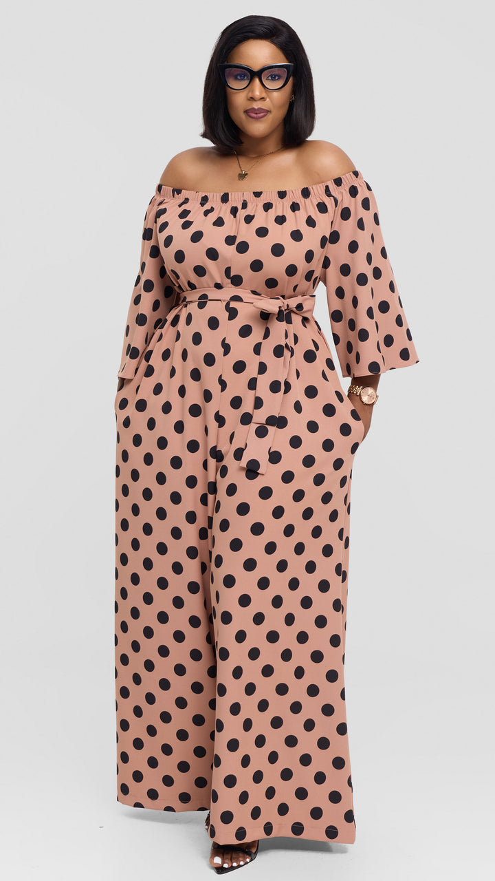 Vivo Off Shoulder Jumpsuit in Crepe - Taupe / Black Polka