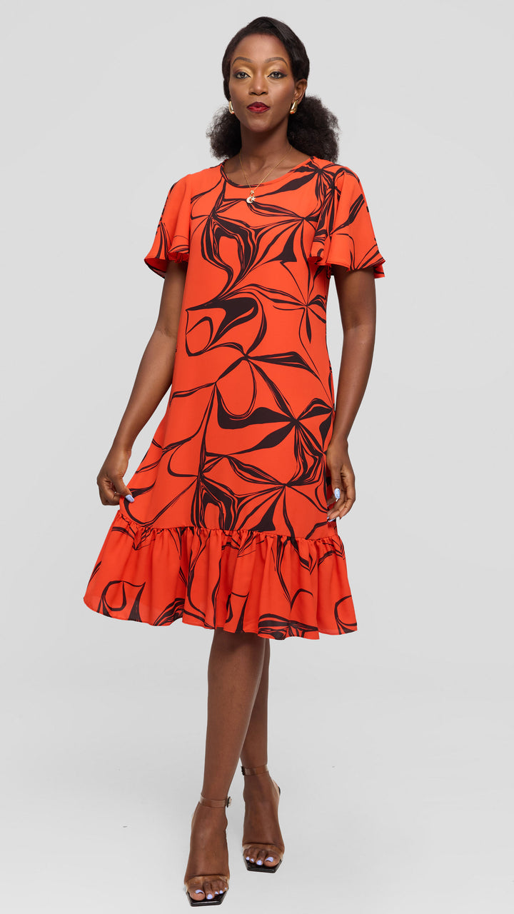 Vivo Dalia Flounce Sleeve Knee Length Dress in Chiffon - Orange / Black Arah Print