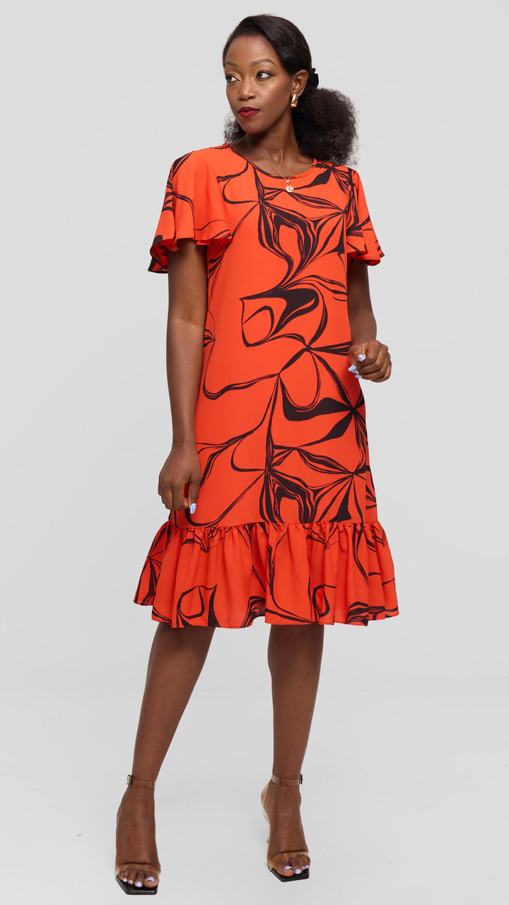 Vivo Dalia Flounce Sleeve Knee Length Dress in Chiffon - Orange / Black Arah Print