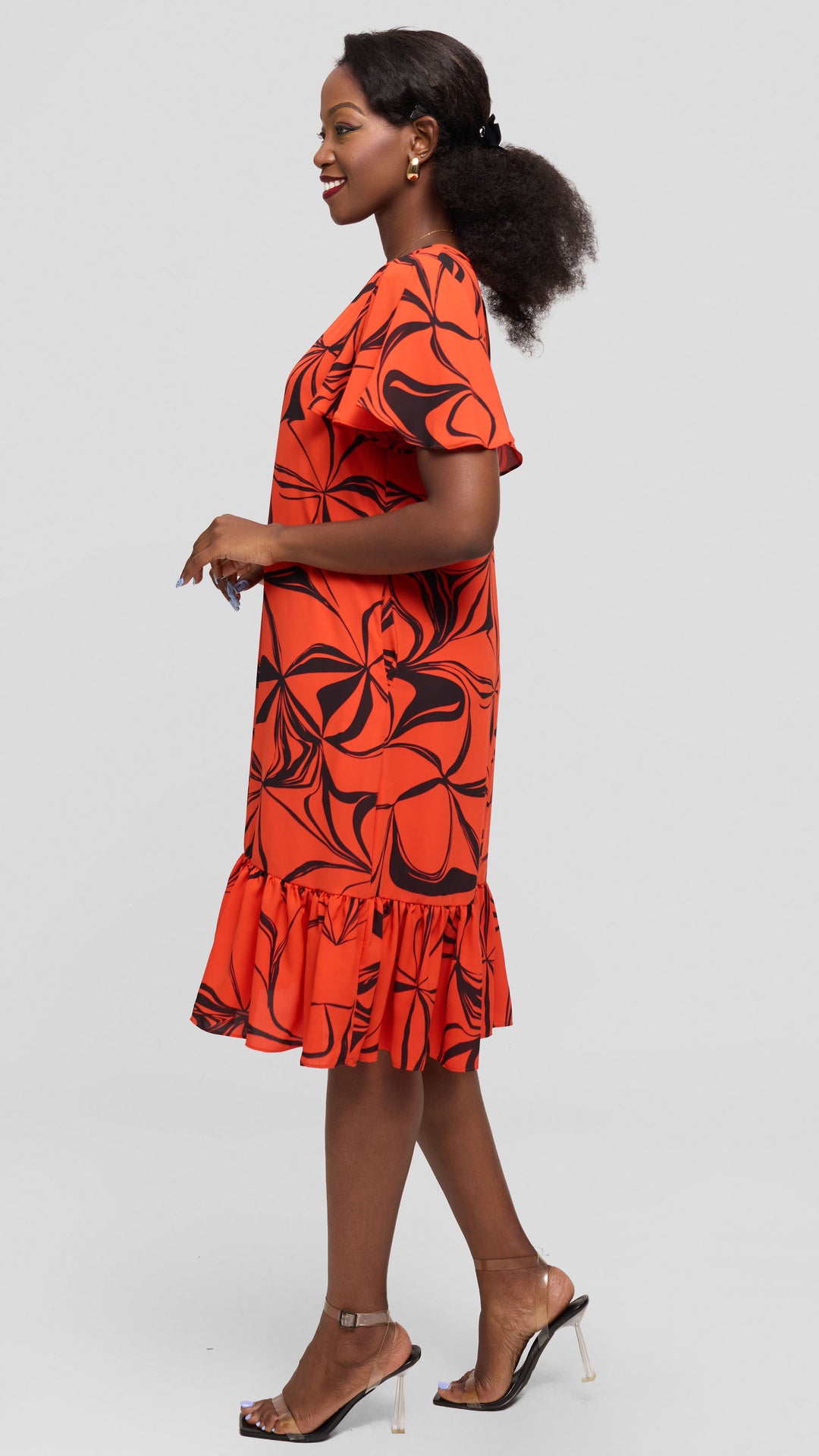 Vivo Dalia Flounce Sleeve Knee Length Dress in Chiffon - Orange / Black Arah Print