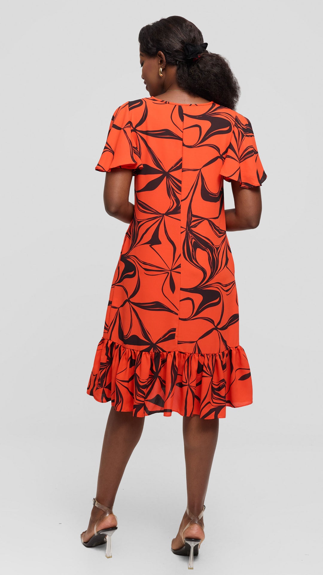 Vivo Dalia Flounce Sleeve Knee Length Dress in Chiffon - Orange / Black Arah Print