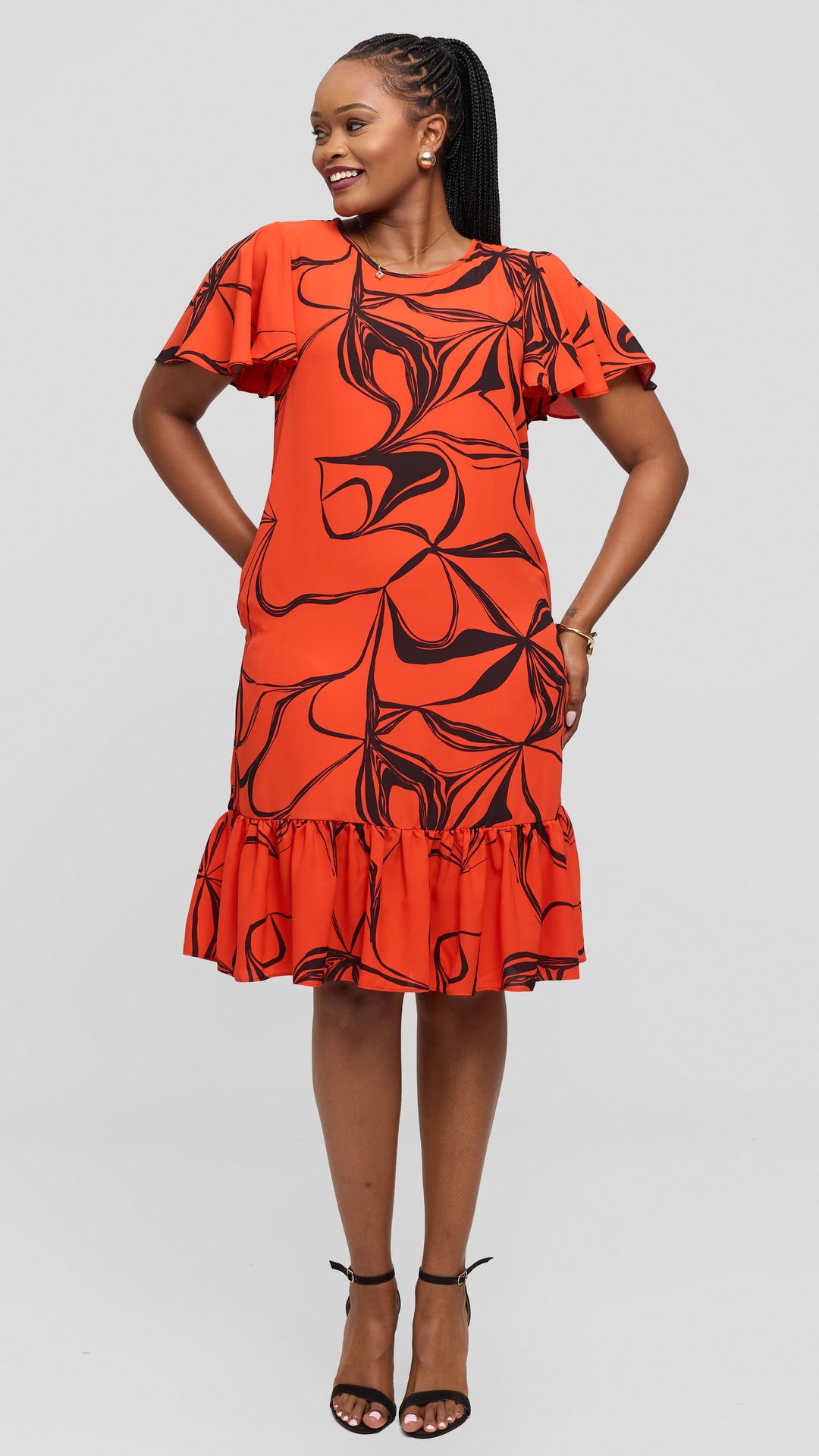 Vivo Dalia Flounce Sleeve Knee Length Dress in Chiffon - Light Orange / Black Arah Print