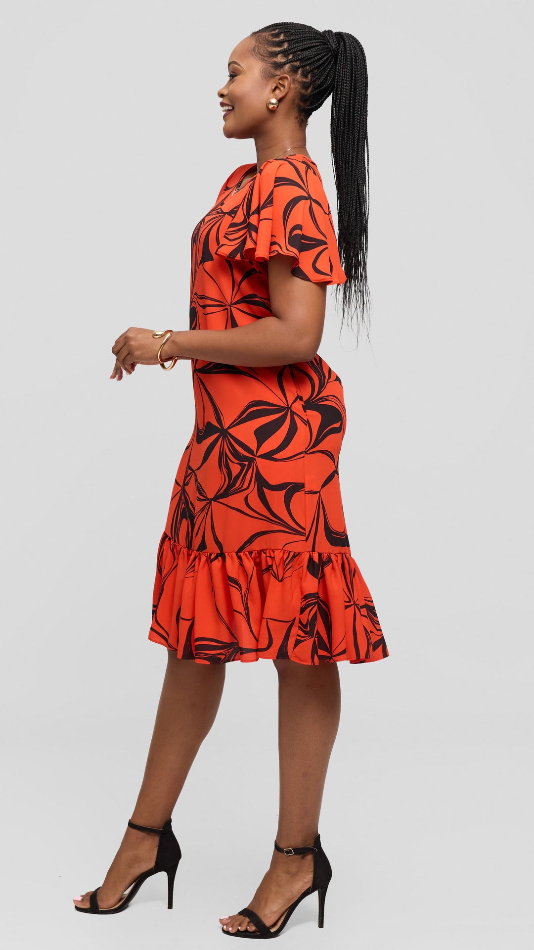 Vivo Dalia Flounce Sleeve Knee Length Dress in Chiffon - Light Orange / Black Arah Print