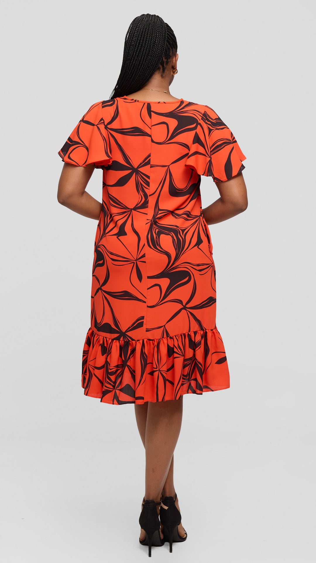 Vivo Dalia Flounce Sleeve Knee Length Dress in Chiffon - Light Orange / Black Arah Print