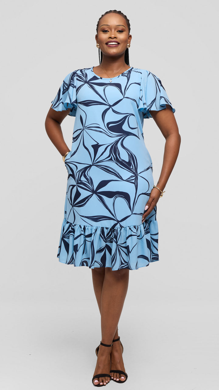 Vivo Dalia Flounce Sleeve Knee Length Dress in Chiffon - Light Blue / Navy Arah Print