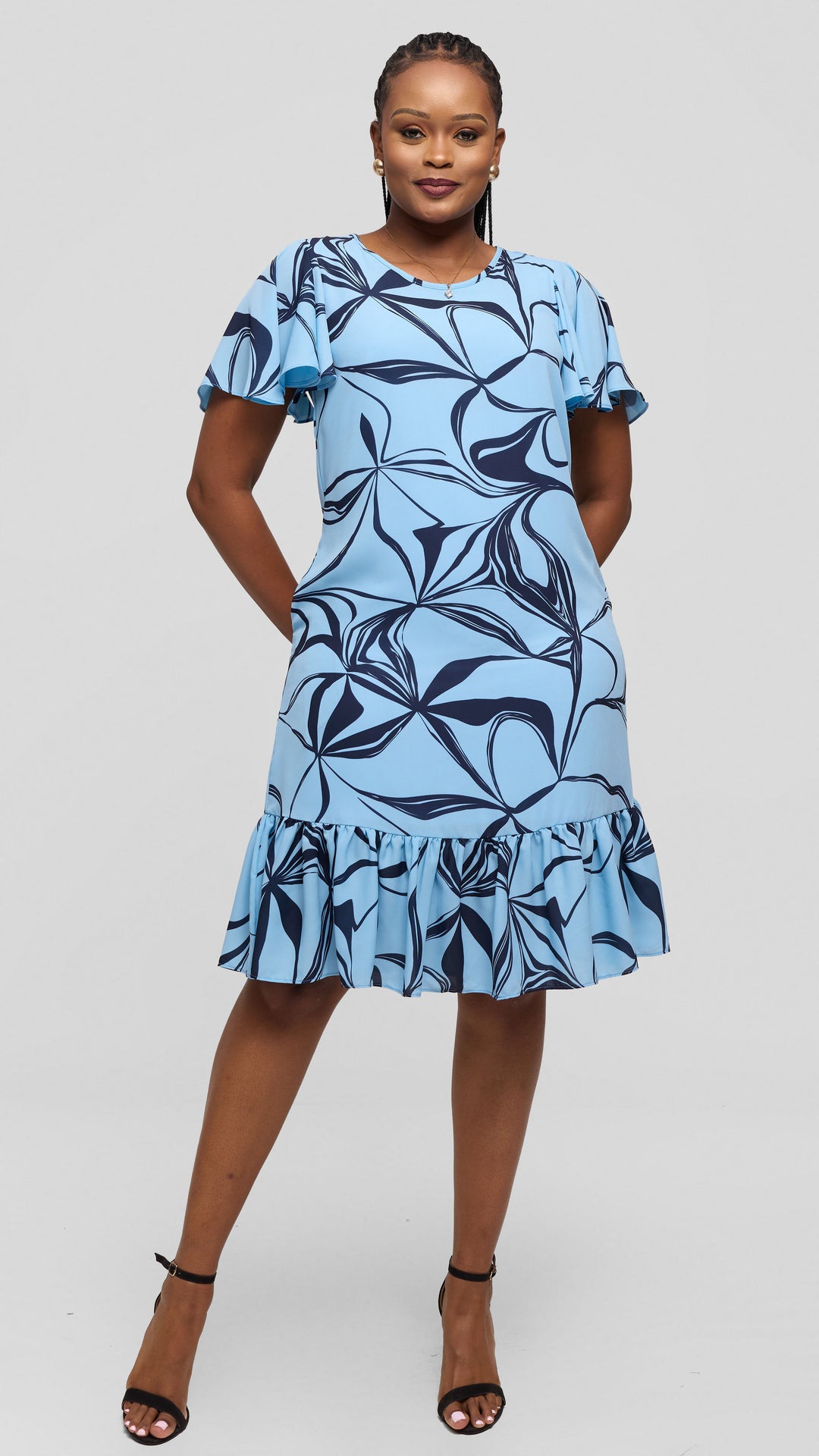 Vivo Dalia Flounce Sleeve Knee Length Dress in Chiffon - Light Blue / Navy Arah Print