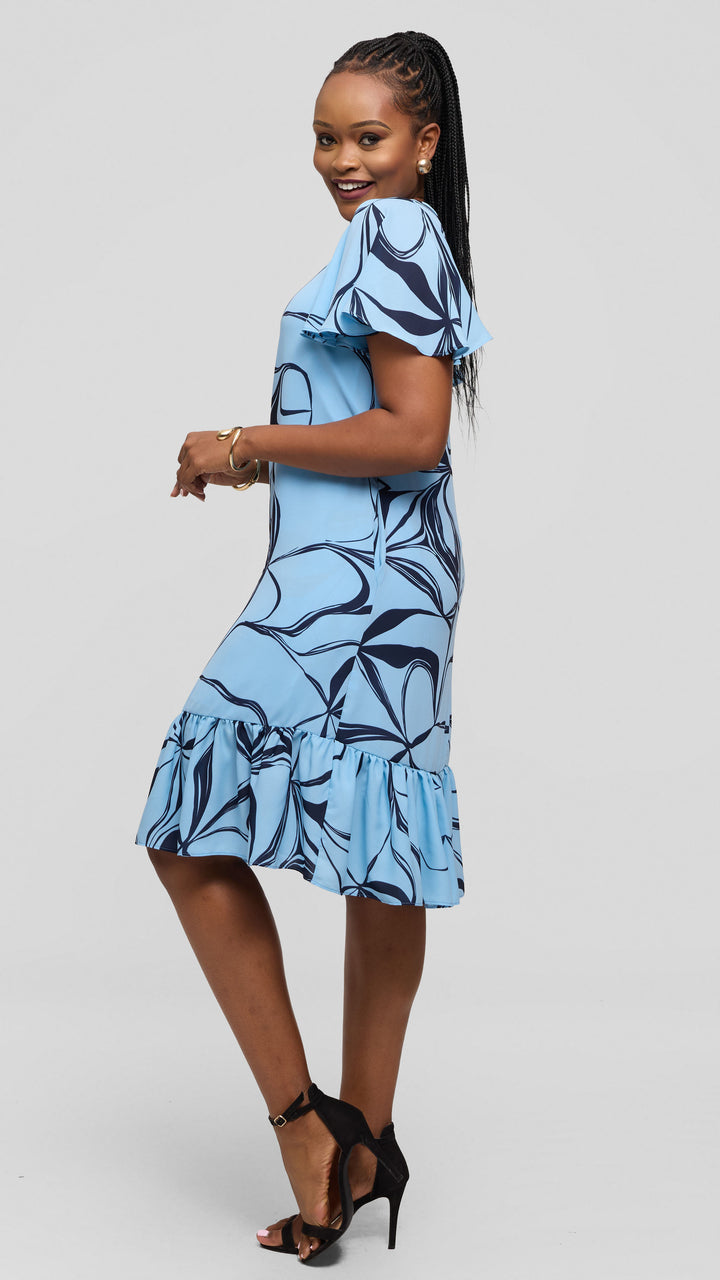 Vivo Dalia Flounce Sleeve Knee Length Dress in Chiffon - Light Blue / Navy Arah Print