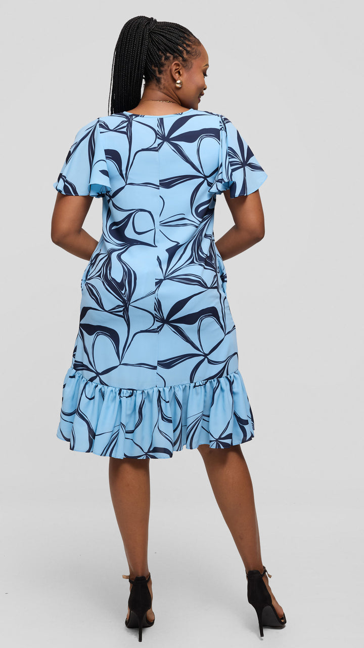 Vivo Dalia Flounce Sleeve Knee Length Dress in Chiffon - Light Blue / Navy Arah Print