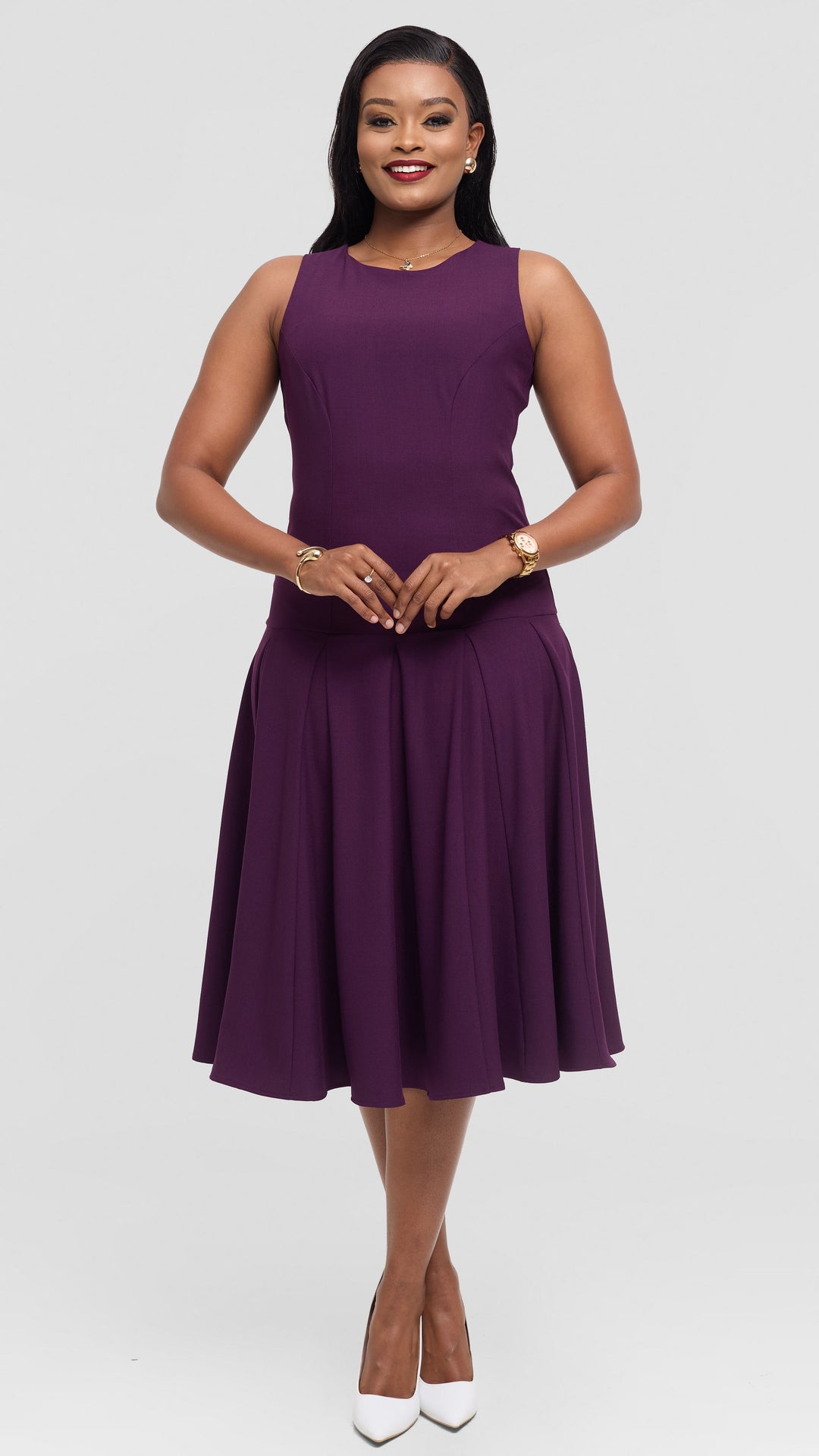 Vivo Godet Midi Dress in Crepe - Dark Purple