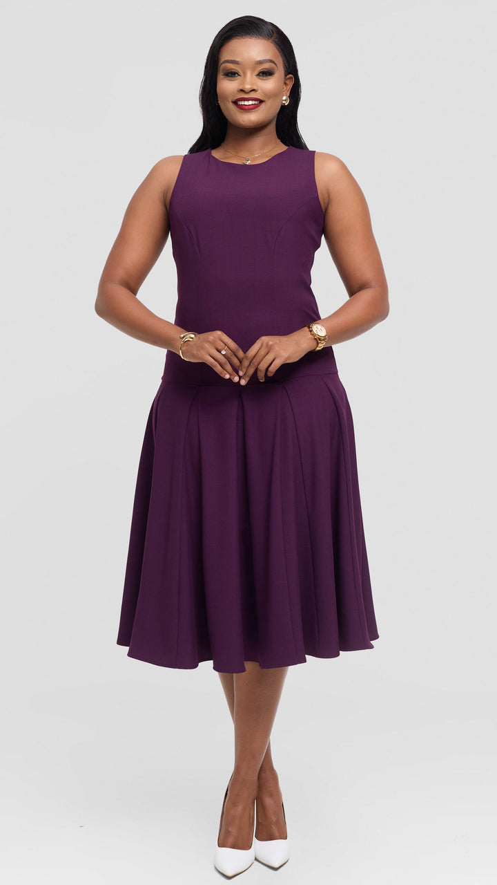 Vivo Godet Midi Dress in Crepe - Dark Purple