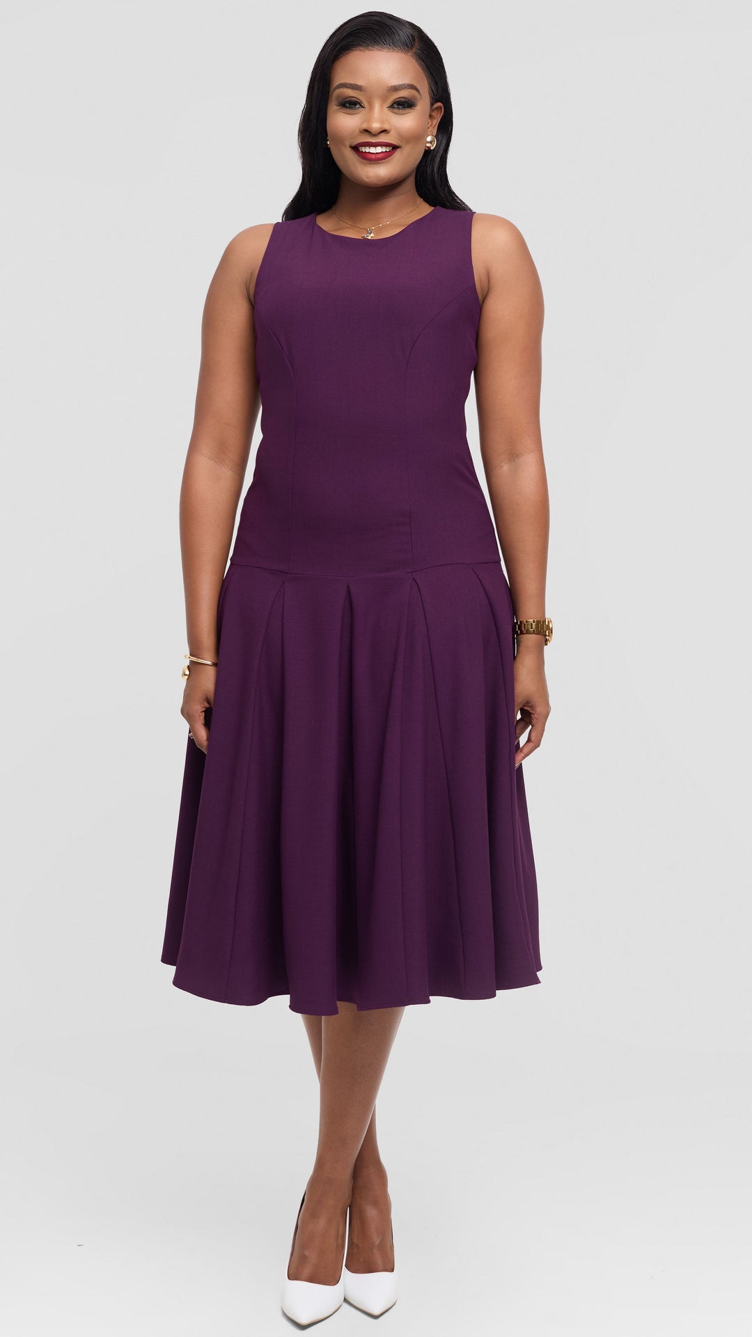 Vivo Godet Midi Dress in Crepe - Dark Purple