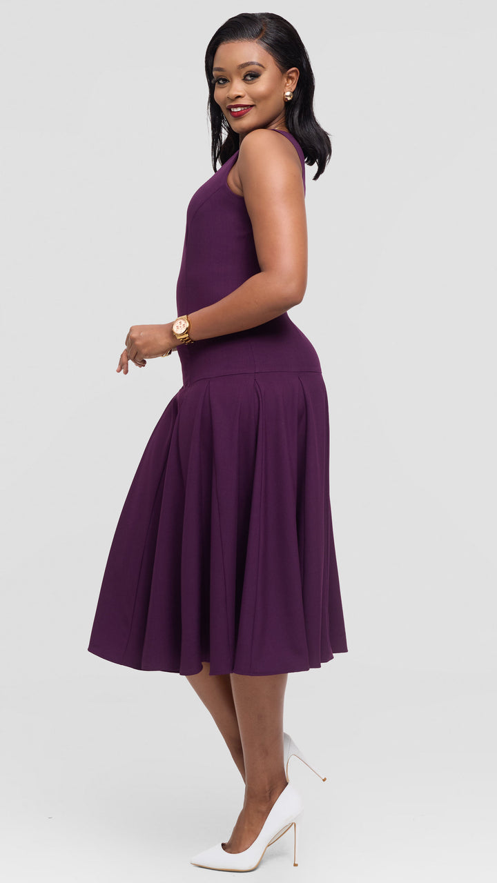 Vivo Godet Midi Dress in Crepe - Dark Purple