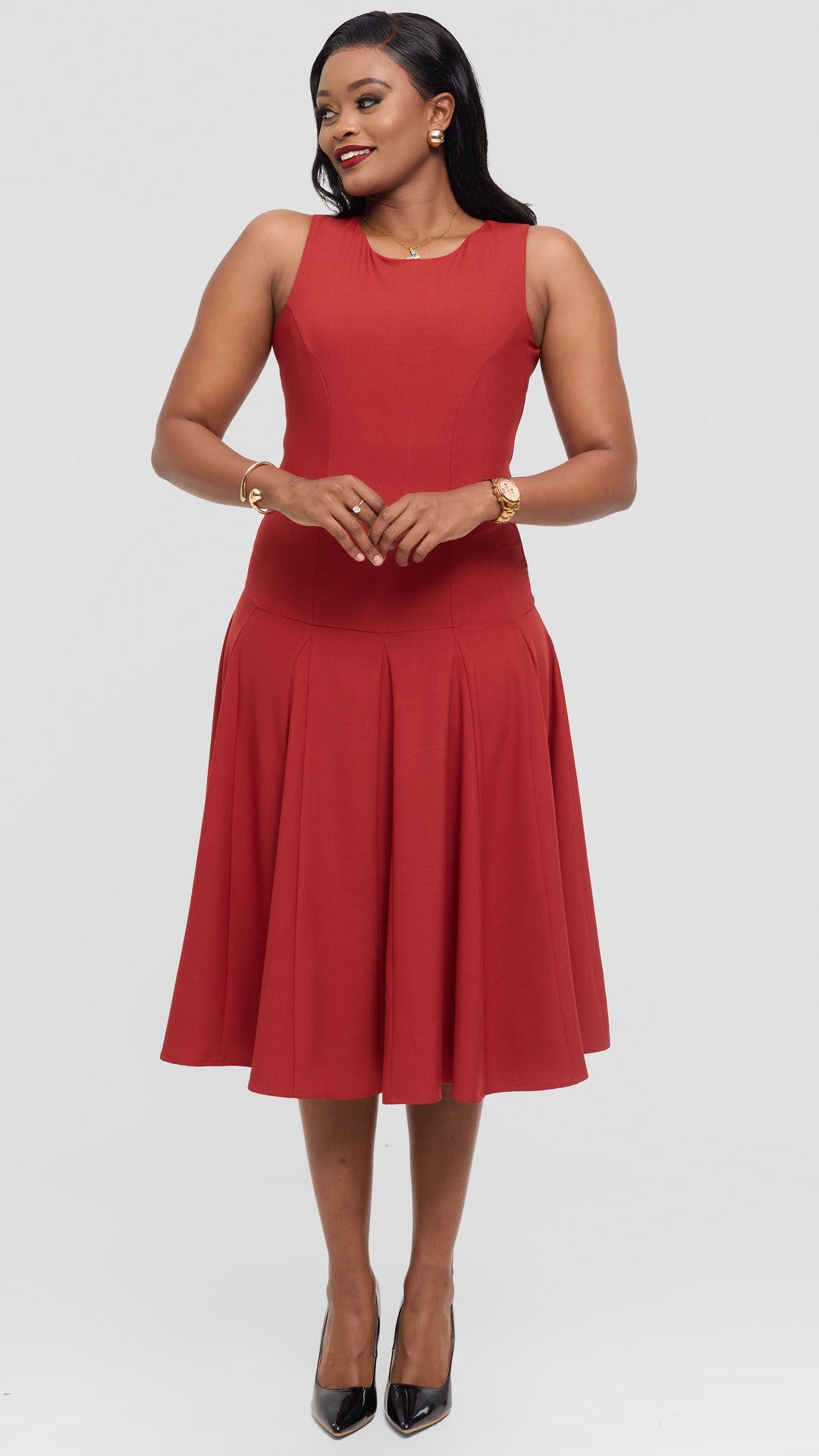 Vivo Godet Midi Dress in Crepe - Rust