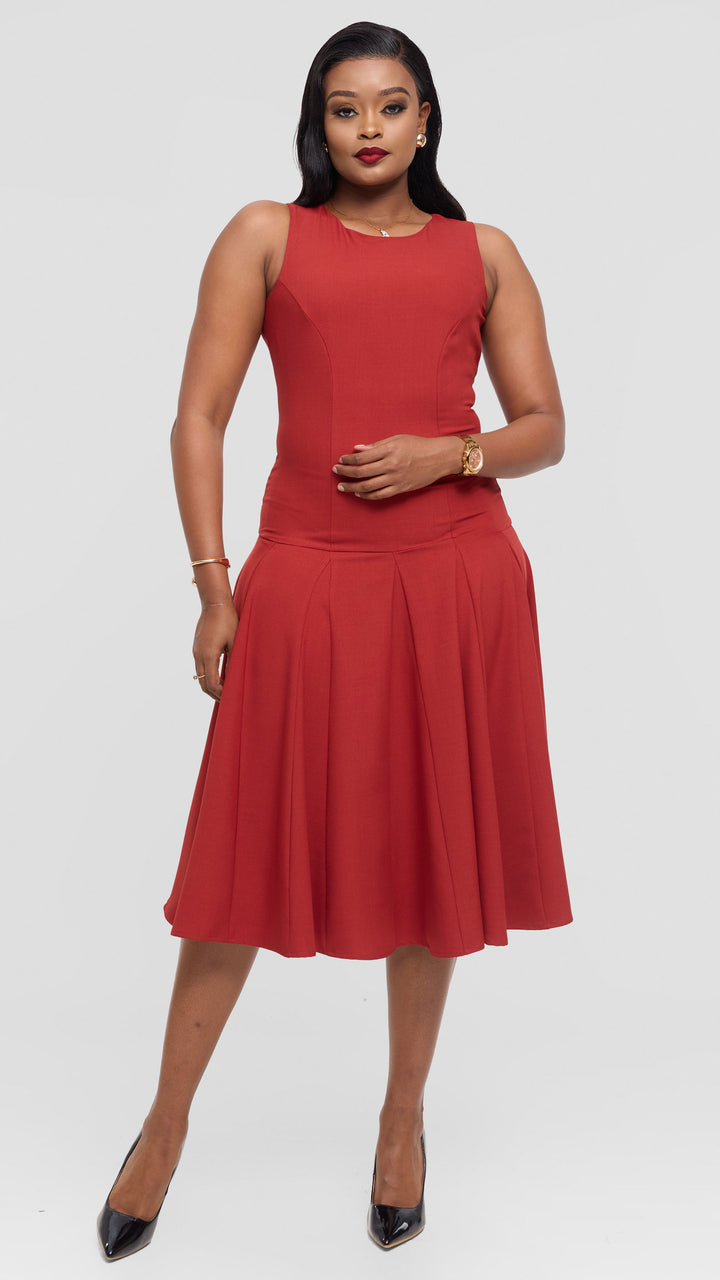 Vivo Godet Midi Dress in Crepe - Rust