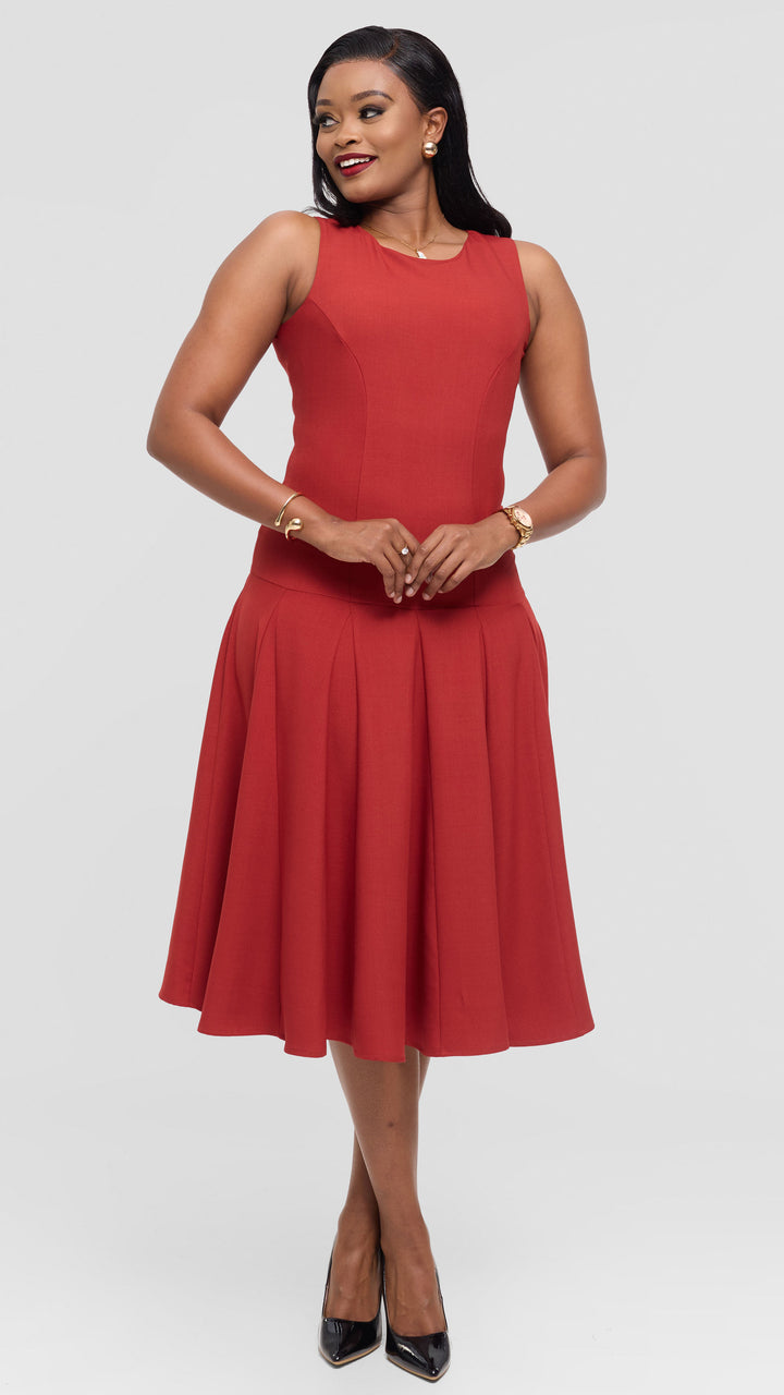 Vivo Godet Midi Dress in Crepe - Rust