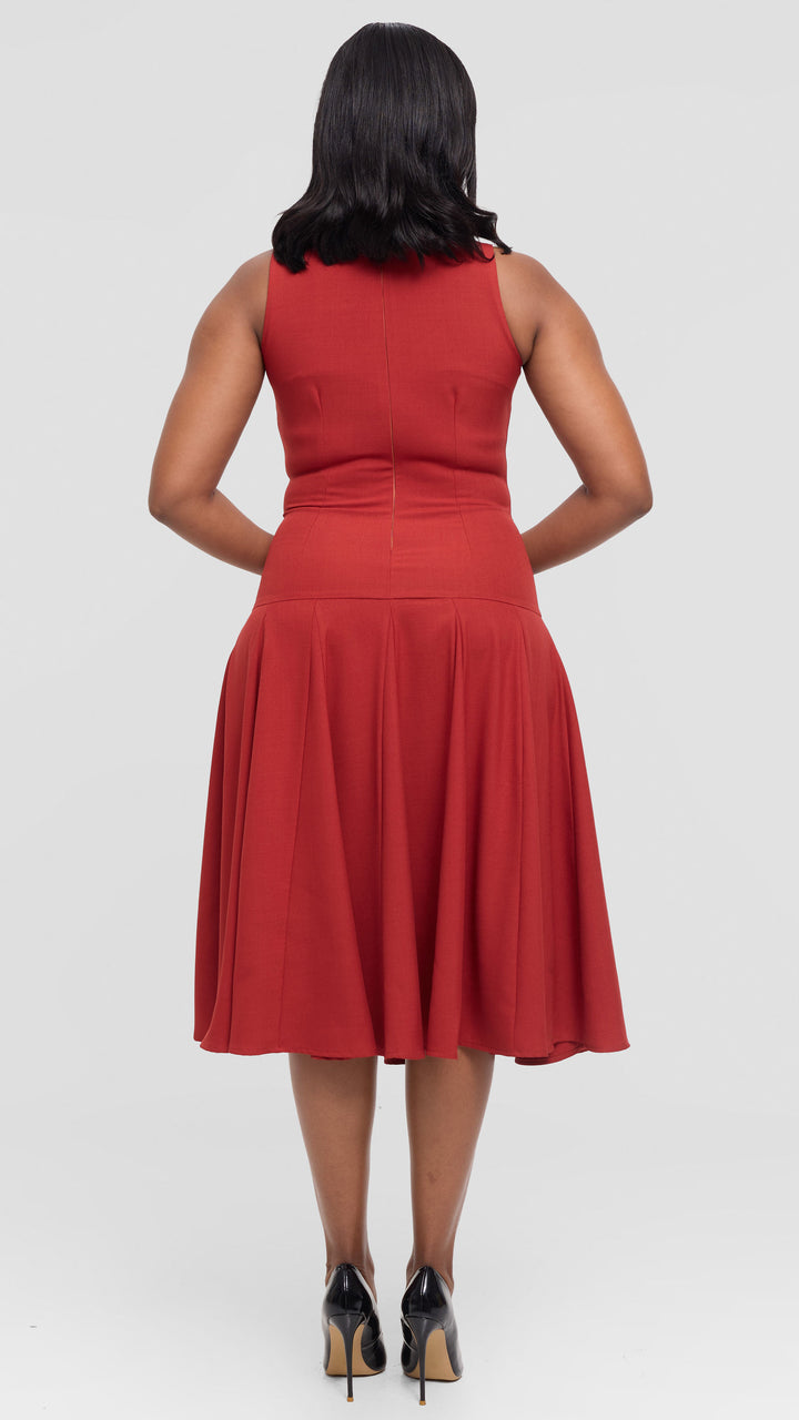 Vivo Godet Midi Dress in Crepe - Rust