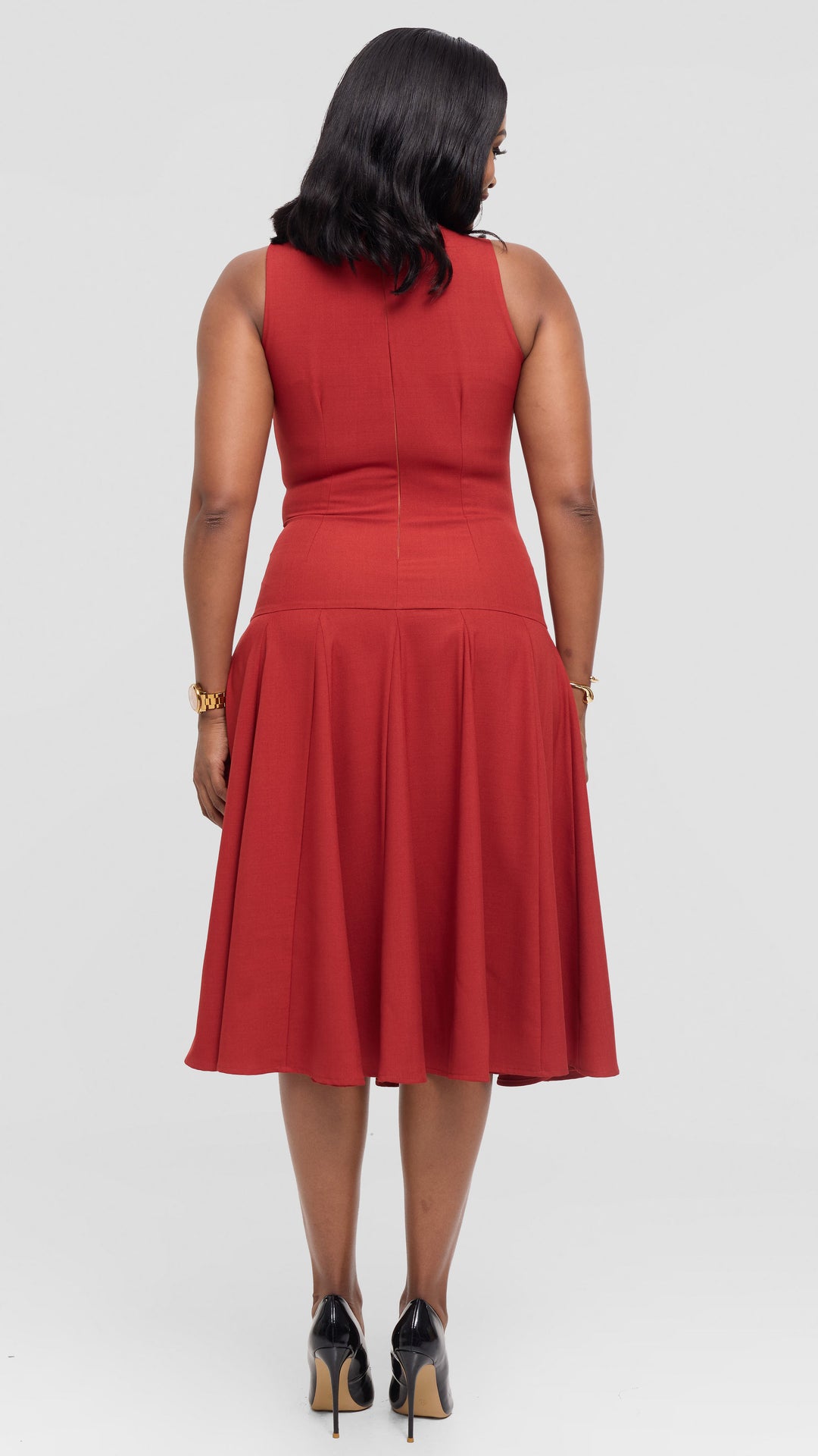 Vivo Godet Midi Dress in Crepe - Rust
