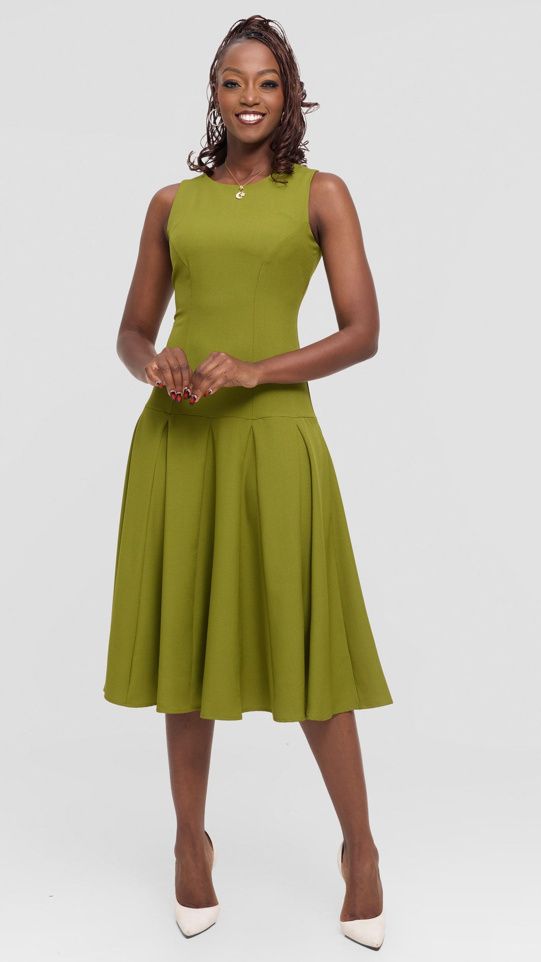 Vivo Godet Midi Dress in Crepe - Olive