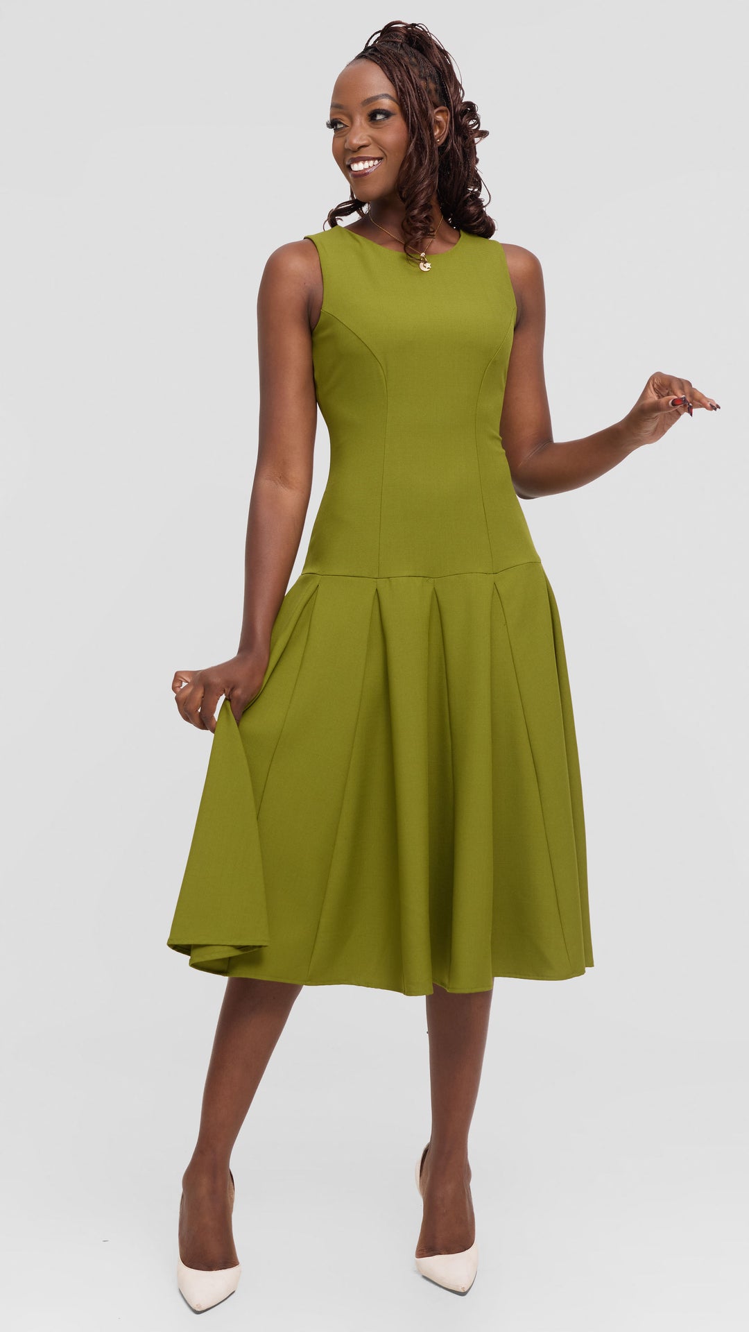 Vivo Godet Midi Dress in Crepe - Olive