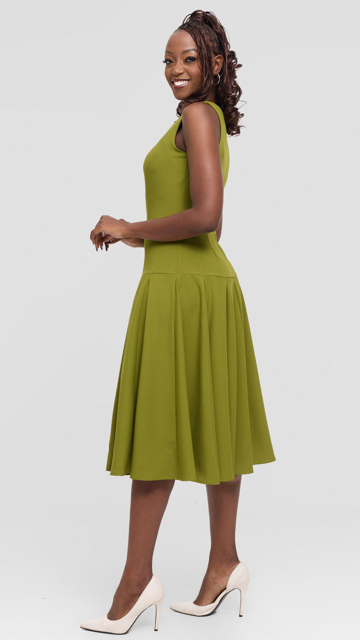 Vivo Godet Midi Dress in Crepe - Olive
