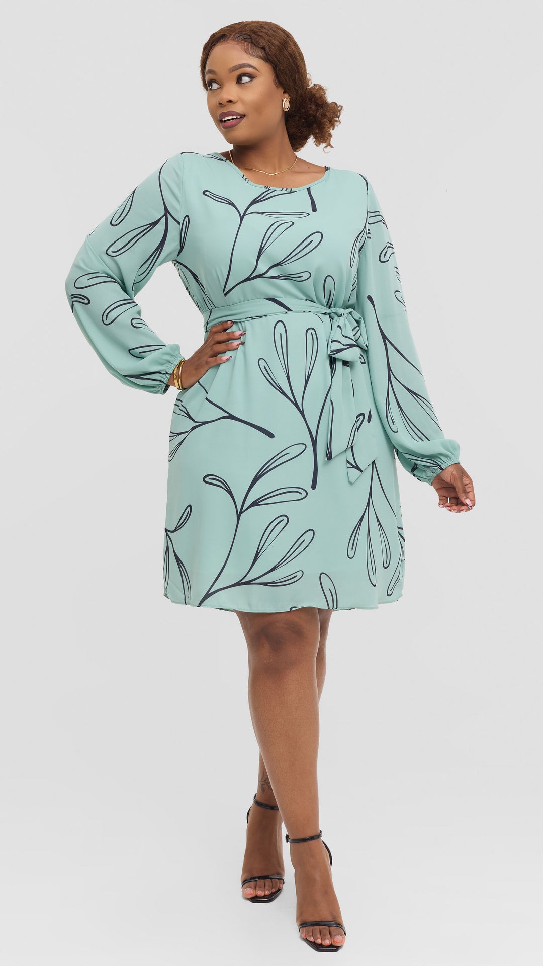 Vivo Zawadi Shift Dress in Chiffon - Sea Green / Navy Print