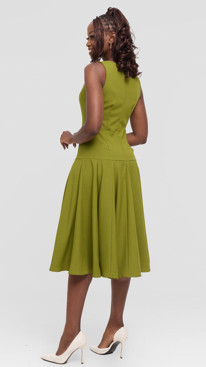 Vivo Godet Midi Dress in Crepe - Olive