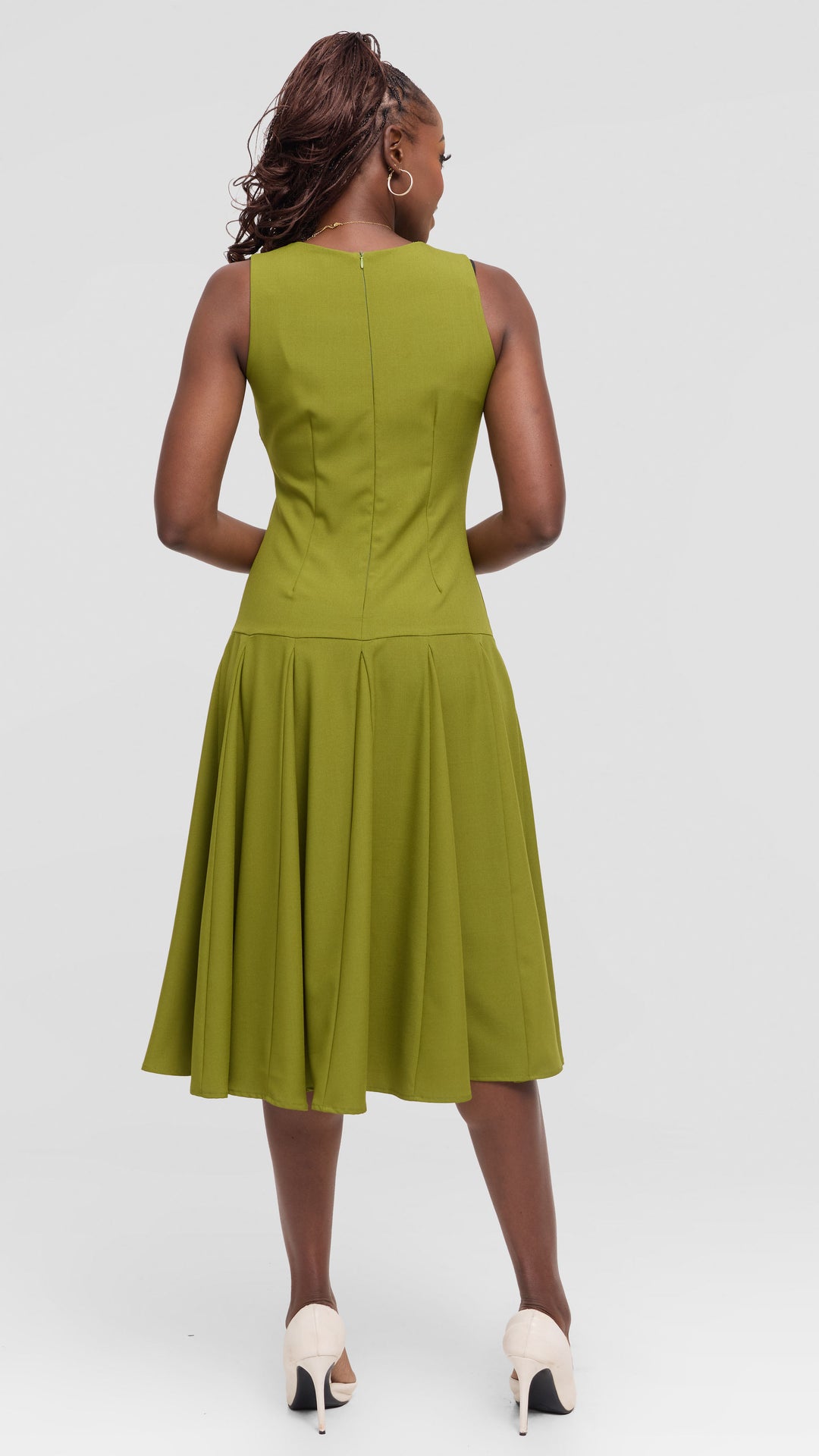 Vivo Godet Midi Dress in Crepe - Olive