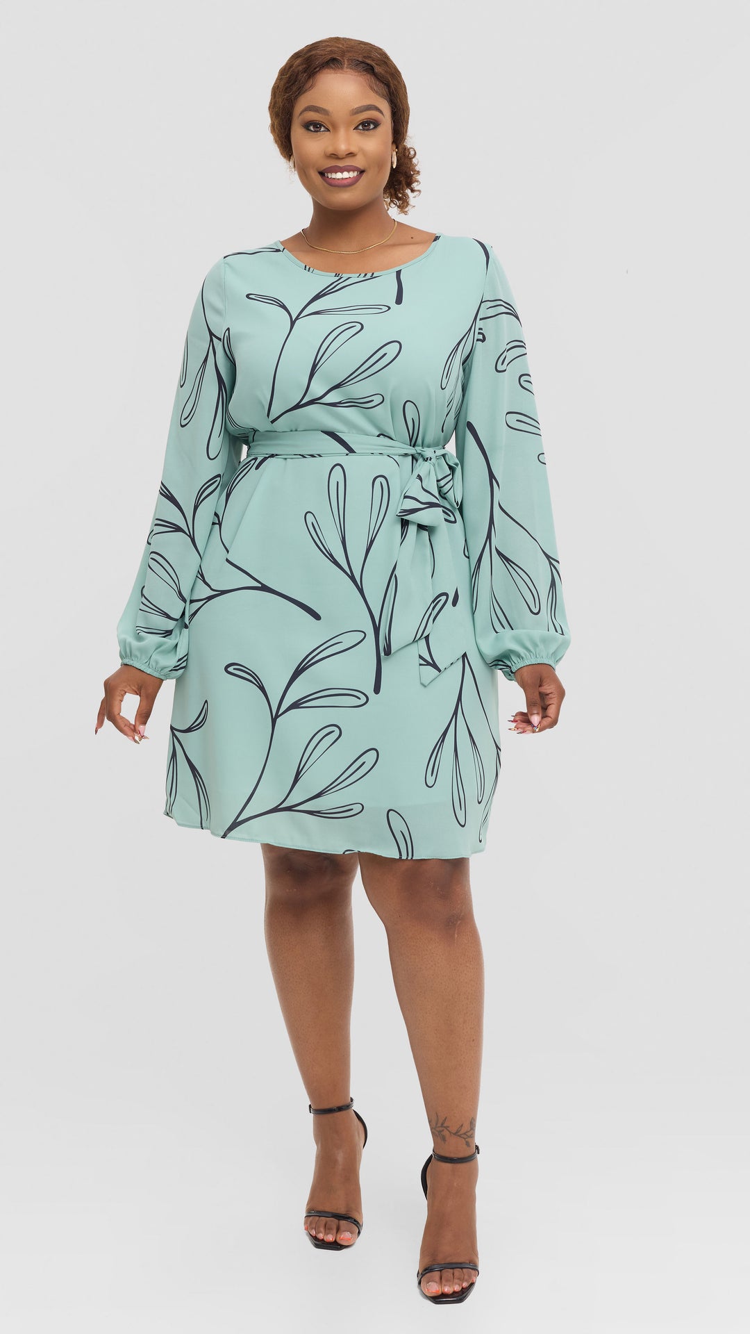 Vivo Zawadi Shift Dress in Chiffon - Sea Green / Navy Print